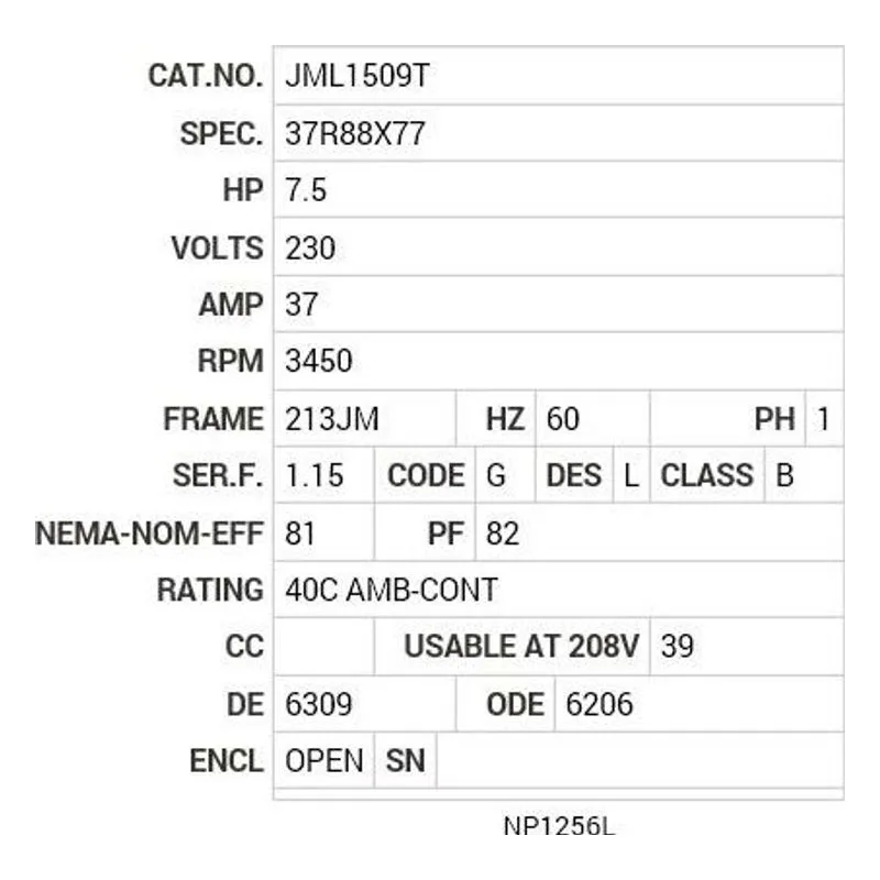 JML1509T Baldor 7.5 HP, 3450 RPM, 1 PH, 60 HZ, 213JM, 3729L, OPEN Motor Nameplate - view 2