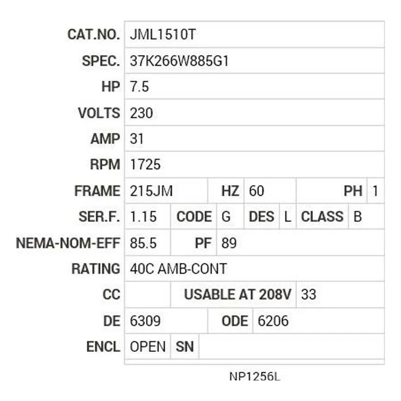 JML1510T Baldor 7.5 HP, 1725 RPM, 1 PH, 60 HZ, 215JM, 3744LC, OPEN Motor Nameplate - view 2