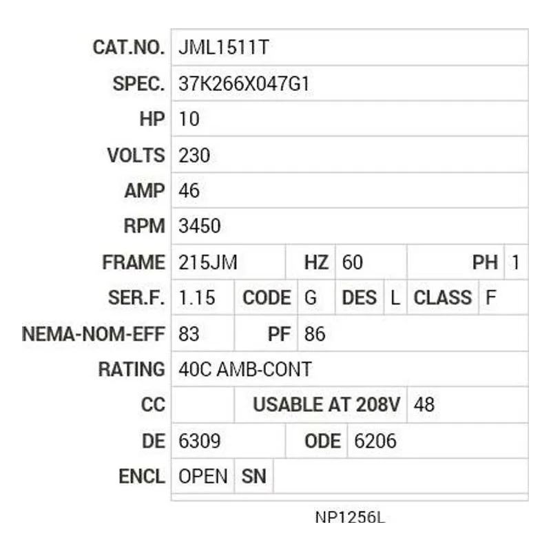 JML1511T Baldor 10 HP, 3450 RPM, 1 PH, 60 HZ, 215JM, 3740L, OPEN, F Motor Nameplate - view 2