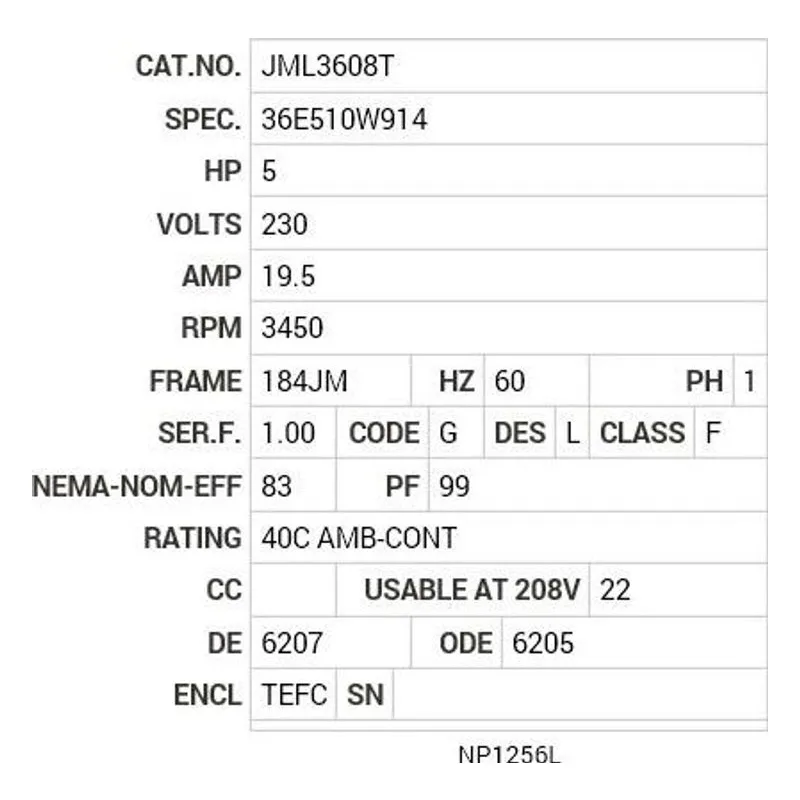 JML3608T Baldor 5 HP, 3450 RPM, 1 PH, 60 HZ, 184JM, 3640LC, TEFC Motor Nameplate - view 2