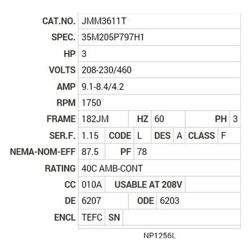 JMM3611T Baldor 3 HP, 1750 RPM, 3 PH, 60 HZ, 182JM, 3542M, TEFC, F1 Motor Nameplate - view 2