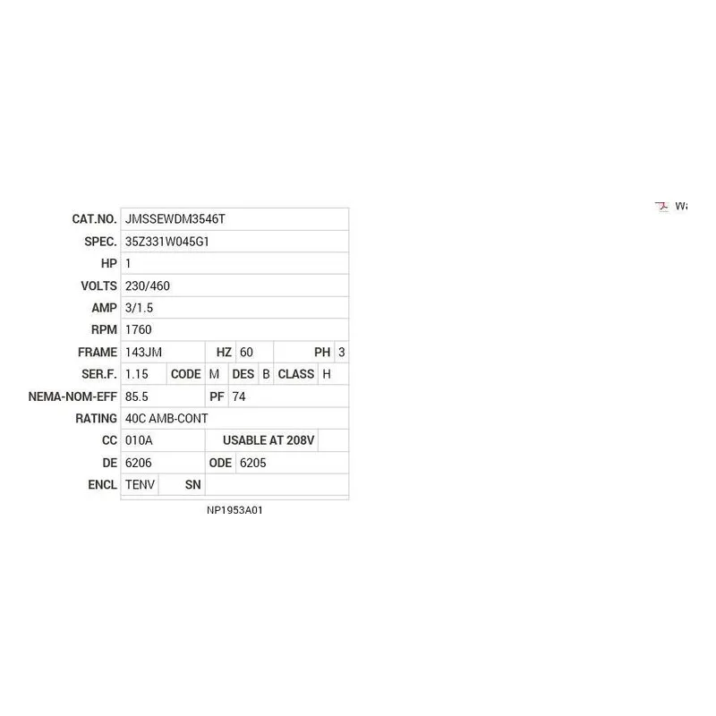 JMSSEWDM3546T Baldor 1 HP, 1760 RPM, 3 PH, 60 HZ, 143JM, 3522M, TENV, F1 Motor Nameplate - view 2