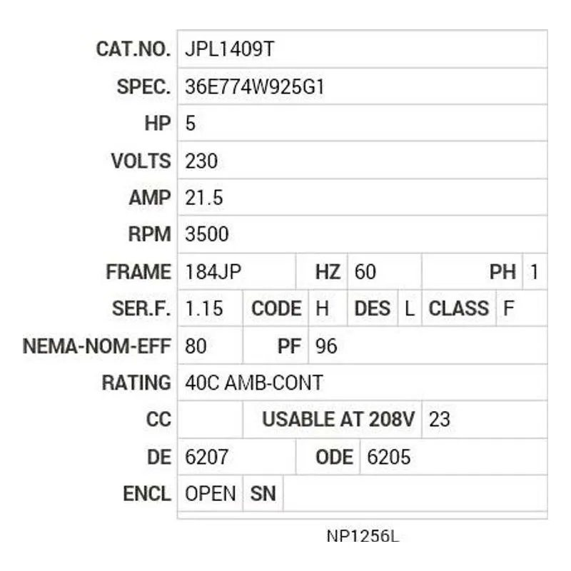 JPL1409T Baldor 5 HP, 3500 RPM, 1 PH, 60 HZ, 184, JP, 3634LC, OPEN Motor Nameplate - view 2