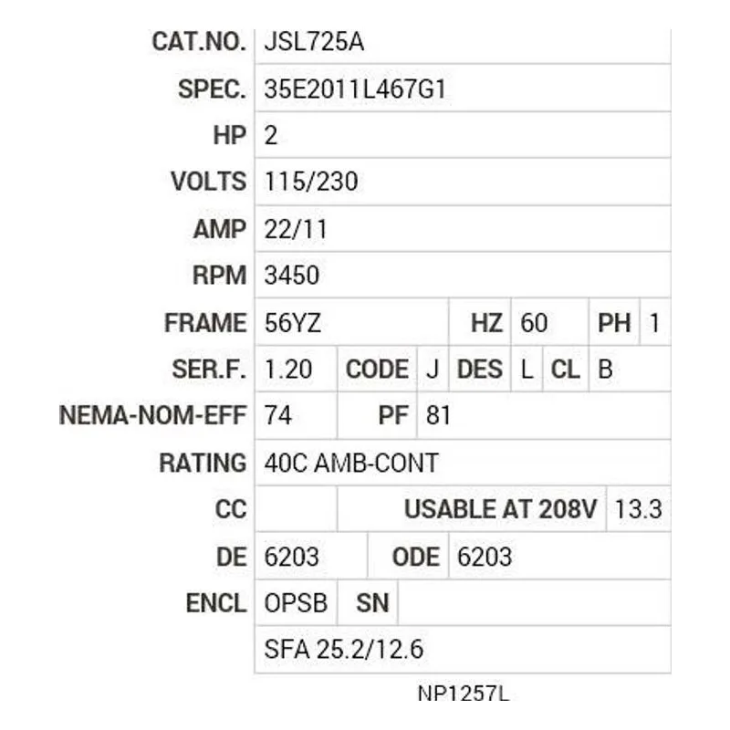JSL725A Baldor 2 HP, 3450 RPM, 1 PH, 60 HZ, 56YZ, 3528L, OPSB, F1 Motor Nameplate - view 2