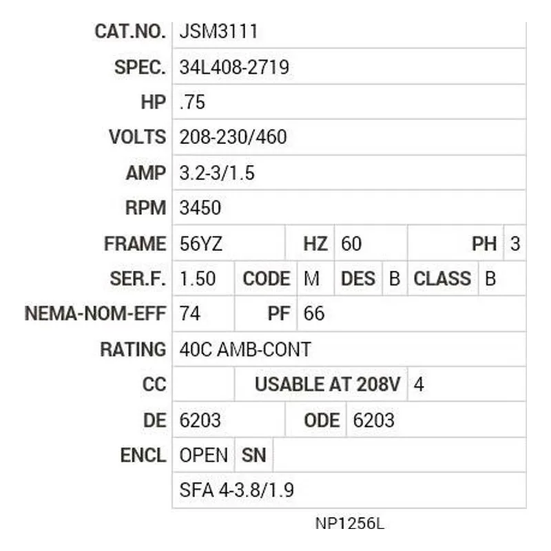 JSM3111 Baldor .75 HP, 3450 RPM, 3 PH, 60 HZ, 56YZ, 3416M, OPEN, F Motor Nameplate - view 2