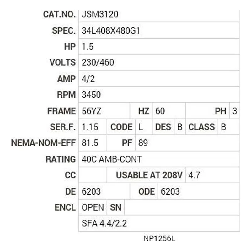 JSM3120 Baldor 1.5 HP, 3450 RPM, 3 PH, 60 HZ, 56YZ, 3424M, OPEN, F Motor Nameplate - view 2
