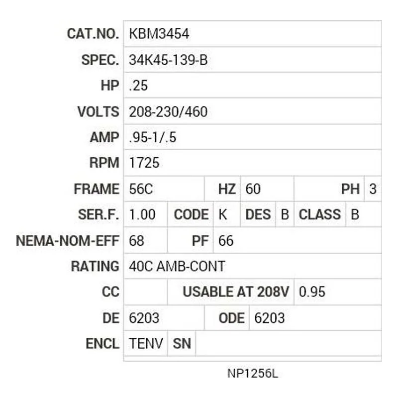 KBM3454 Baldor .25 HP, 1725 RPM, 3 PH, 60 HZ, 56C, BRAKE, 3413M Motor Nameplate - view 2