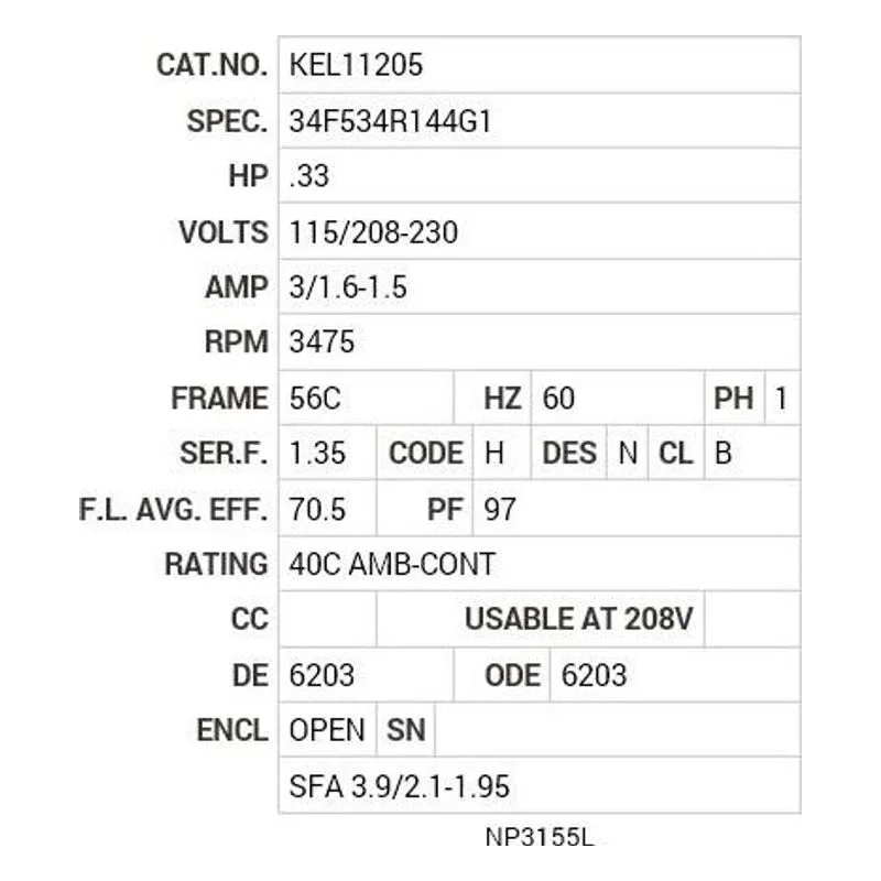 KEL11205 Baldor .33 HP, 3475 RPM, 1 PH, 60 HZ, 56C, 3413LC, OPEN, F Motor Nameplate - view 2