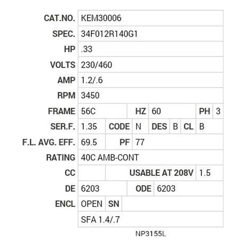 KEM30006 Baldor .33 HP, 3450 RPM, 3 PH, 60 HZ, 56C, 3413M, OPEN, F1 Motor Nameplate - view 2