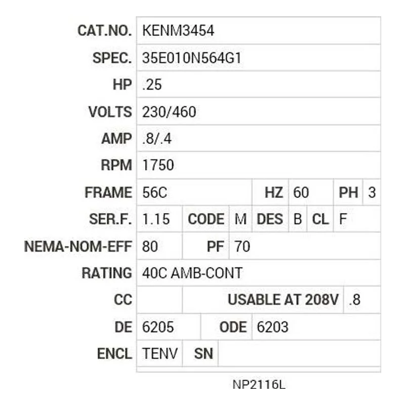 KENM3454 Baldor .25 HP, 1750 RPM, 3 PH, 60 HZ, 56C, 3513M, TENV, F1 Motor Nameplate - view 2