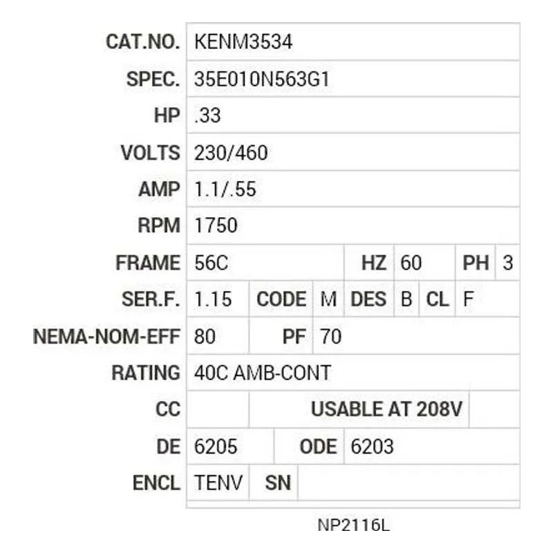 KENM3534 Baldor .33 HP, 1750 RPM, 3 PH, 60 HZ, 56C, 3513M, TENV, F1 Motor Nameplate - view 2