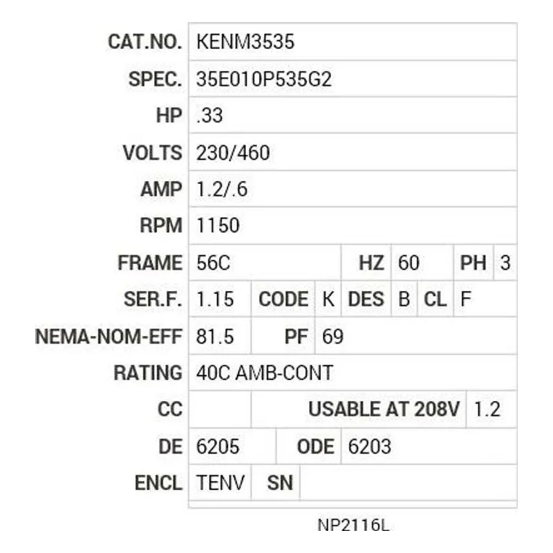 KENM3535 Baldor .33 HP, 1150 RPM, 3 PH, 60 HZ, 56C, 3520M, TENV, F1 Motor Nameplate - view 2