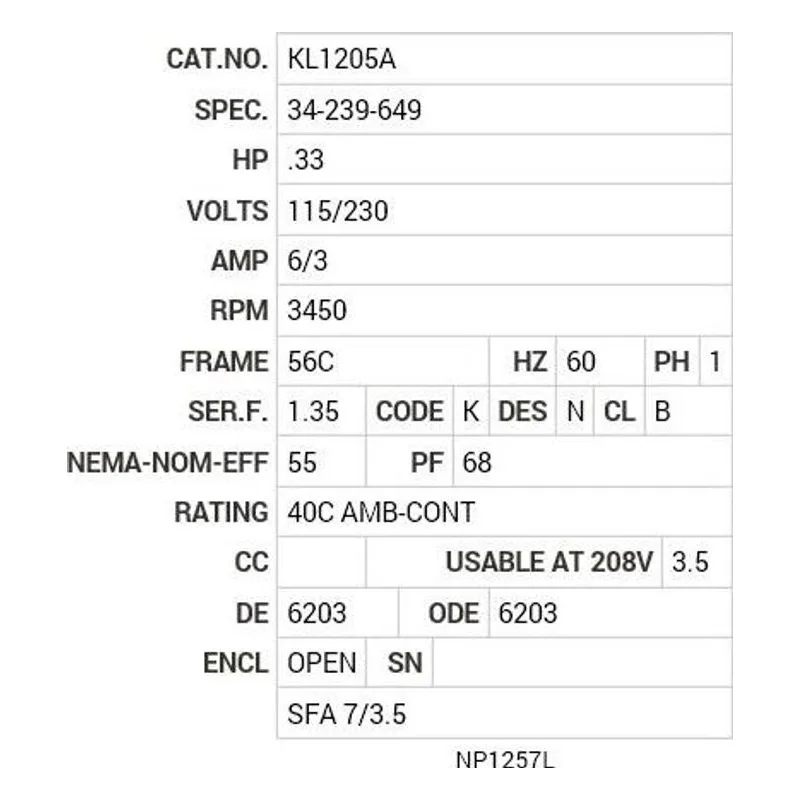 KL1205A Baldor .33 HP, 3450 RPM, 1 PH, 60 HZ, 56C, 3413L, OPEN, F1 Motor Nameplate - view 2