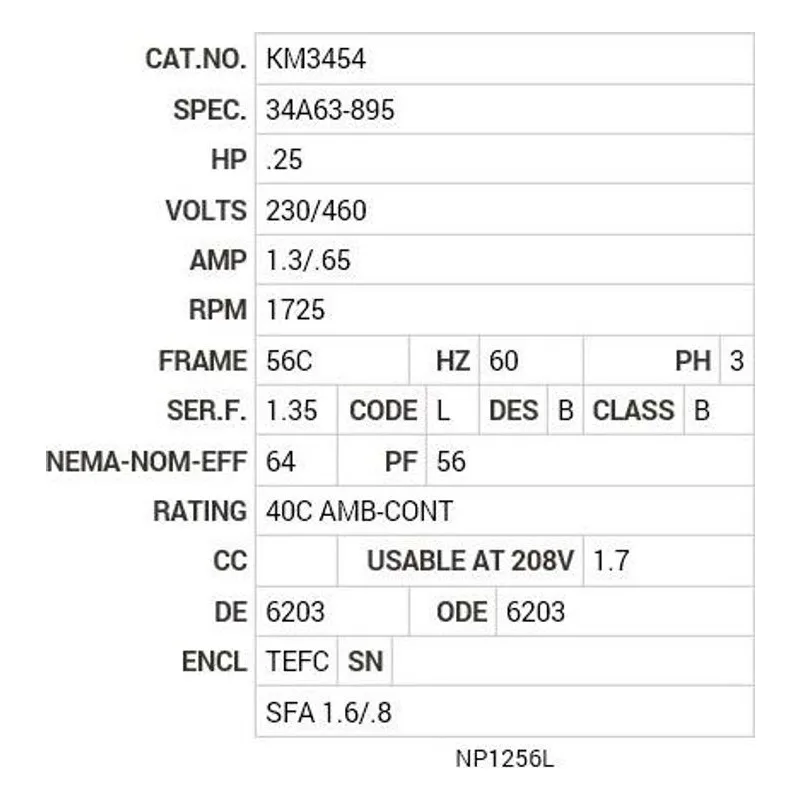 KM3454 Baldor .25 HP, 1725 RPM, 3 PH, 60 HZ, 56C, 3410M, TEFC, F1 Motor Nameplate - view 2
