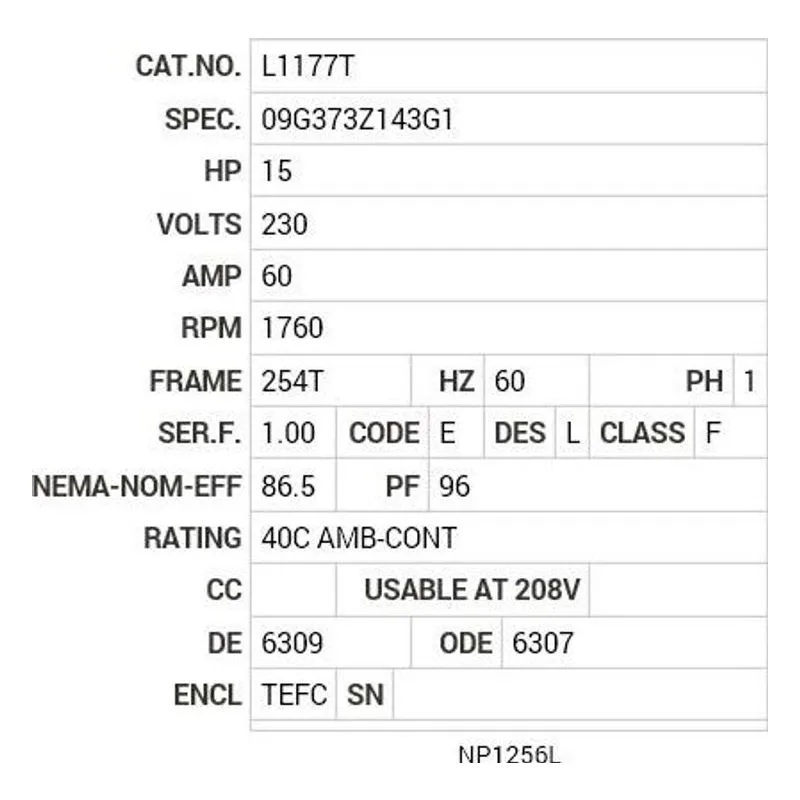 L1177T Baldor 15 HP, 1760 RPM, 1 PH, 60 HZ, 254T, 0956LC, TEFC Motor Nameplate - view 2
