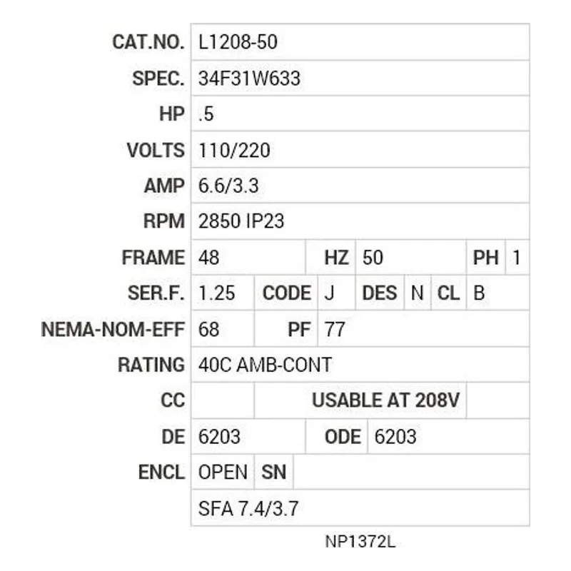 L1208-50 Baldor .5 HP, 2850 RPM, 1 PH, 50 HZ, 48, 3420L, OPEN, F1 Motor Nameplate - view 2