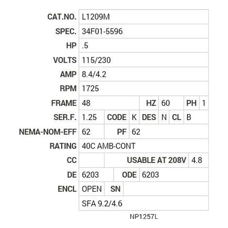 L1209M Baldor .5 HP, 1725 RPM, 1 PH, 60 HZ, 48, 3418L, OPEN, F1 Motor Nameplate - view 2