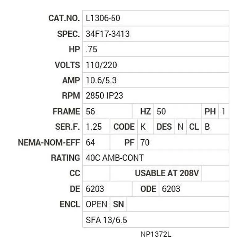L1306-50 Baldor .75 HP, 2850 RPM, 1 PH, 50 HZ, 56, 3424L, OPEN, F1 Motor Nameplate - view 2