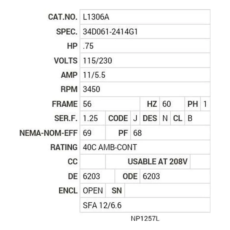 L1306A Baldor .75 HP, 3450 RPM, 1 PH, 60 HZ, 56, 3424L, OPEN, F1 Motor Nameplate - view 2