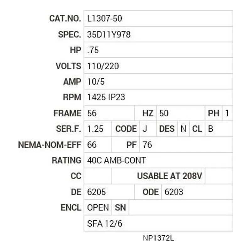 L1307-50 Baldor .75 HP, 1425 RPM, 1 PH, 50 HZ, 56, 3524L, OPEN, F1 Motor Nameplate - view 2