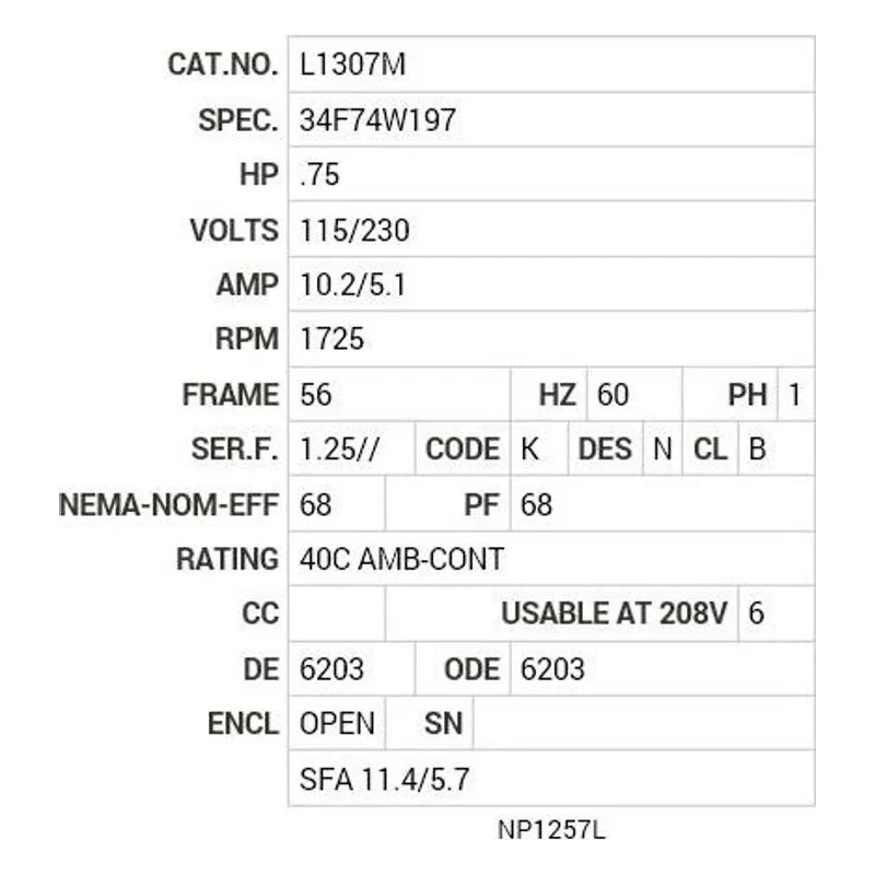L1307M Baldor .75 HP, 1725 RPM, 1 PH, 60 HZ, 56, 3428L, OPEN, F1 Motor Nameplate - view 2