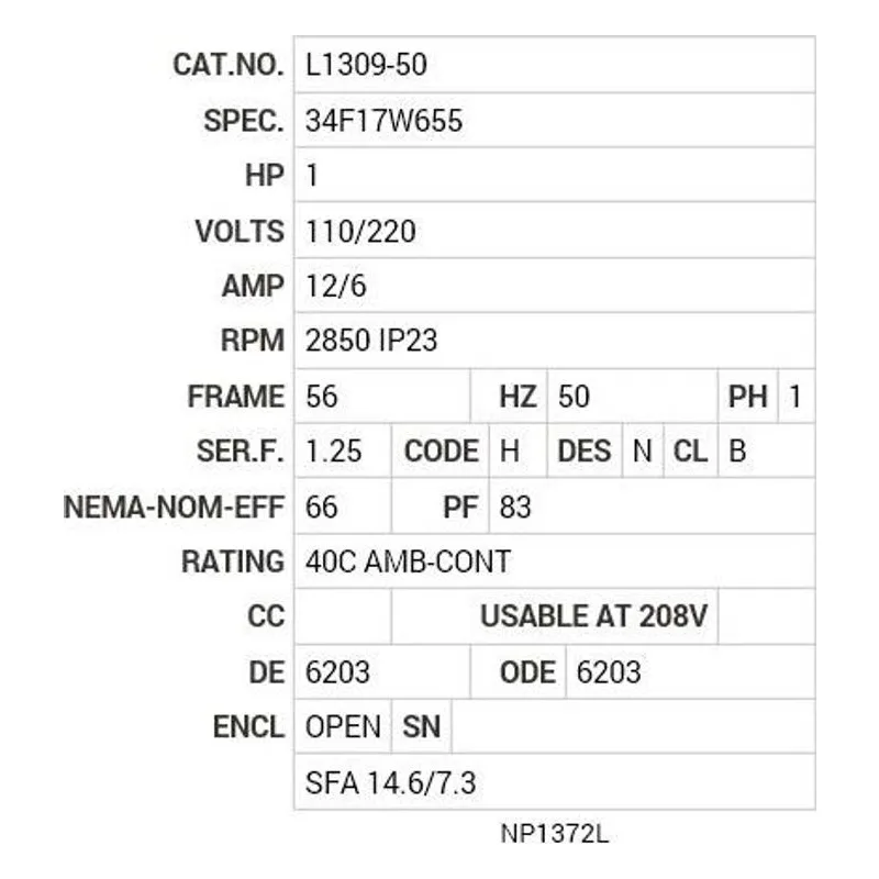 L1309-50 Baldor 1 HP, 2850 RPM, 1 PH, 50 HZ, 56, 3432L, OPEN, F1 Motor Nameplate - view 2