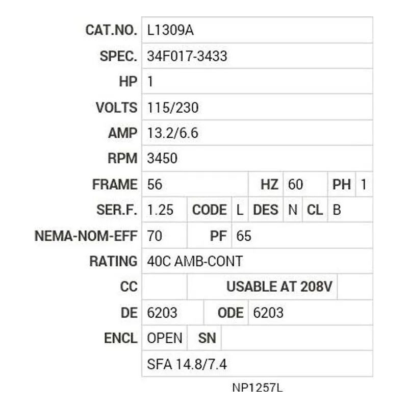 L1309A Baldor 1 HP, 3450 RPM, 1 PH, 60 HZ, 56, 3428L, OPEN, F1 Motor Nameplate - view 2