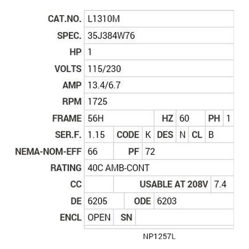 L1310M Baldor 1 HP, 1725 RPM, 1 PH, 60 HZ, 56/56H, 3520L, OPEN Motor Nameplate - view 2