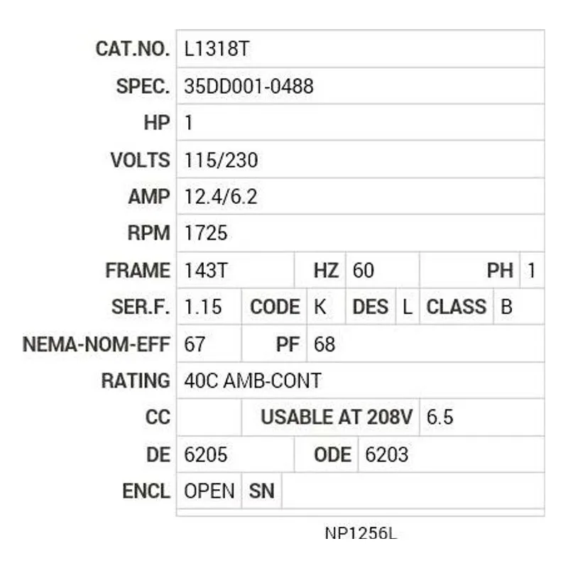 L1318T Baldor 1 HP, 1725 RPM, 1 PH, 60 HZ, 143T, 3528L, OPEN, F1 Motor Nameplate - view 2