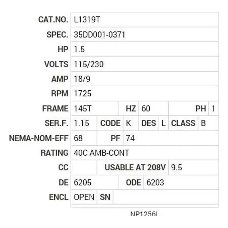 L1319T Baldor 1.5 HP, 1725 RPM, 1 PH, 60 HZ, 145T, 3528L, OPEN, F Motor Nameplate - view 2
