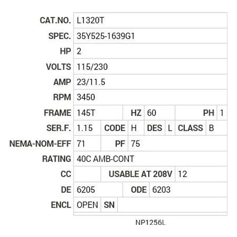 L1320T Baldor 2 HP, 3450 RPM, 1 PH, 60 HZ, 145T, 3528LC, OPEN, F1 Motor Nameplate - view 2