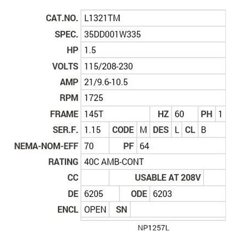 L1321TM Baldor 1.5 HP, 1725 RPM, 1 PH, 60 HZ, 145T, 3535L, OPEN, F Motor Nameplate - view 2