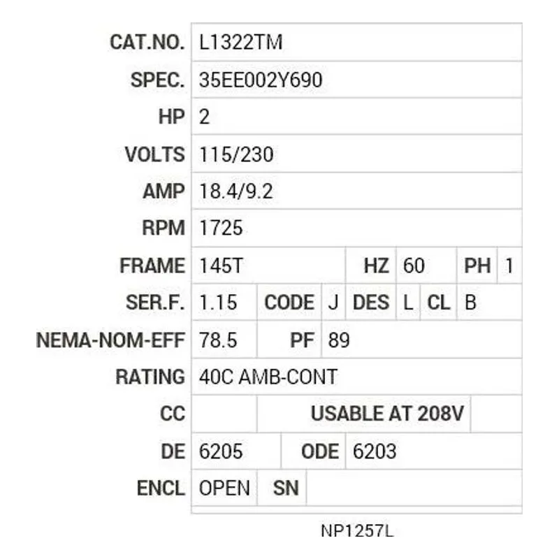 L1322TM Baldor 2 HP, 1725 RPM, 1 PH, 60 HZ, 145T, 3532LC, OPEN, F1 Motor Nameplate - view 2
