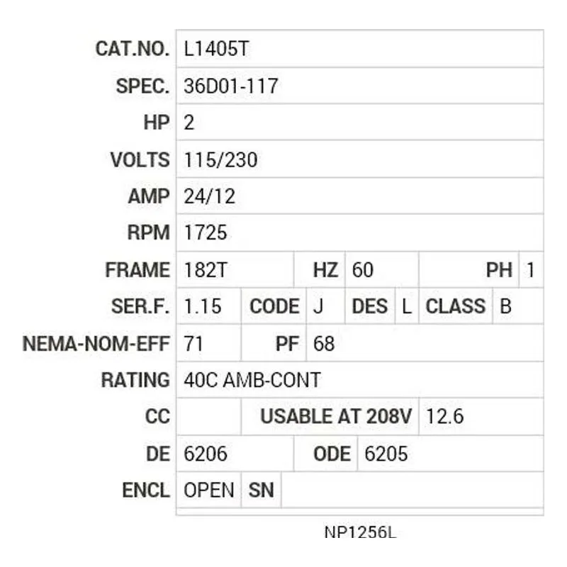 L1405T Baldor 2 HP, 1725 RPM, 1 PH, 60 HZ, 182T, 3628L, OPEN, F1 Motor Nameplate - view 2