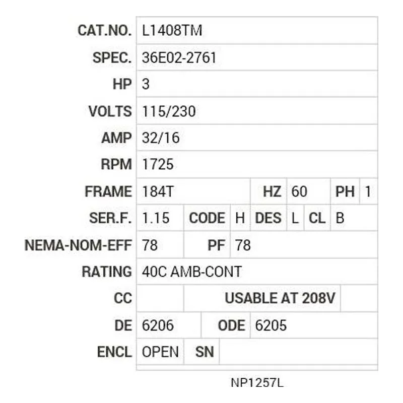 L1408TM Baldor 3 HP, 1725 RPM, 1 PH, 60 HZ, 184T, 3634LC, OPEN, F1 Motor Nameplate - view 2