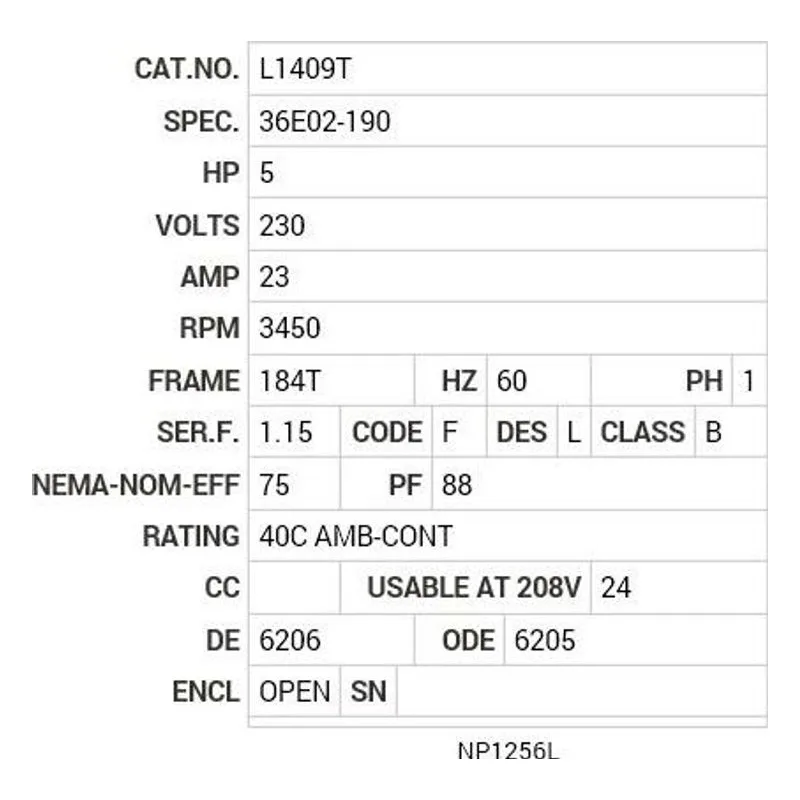 L1409T Baldor 5 HP, 3450 RPM, 1 PH, 60 HZ, 184T, 3634L, OPEN, F1 Motor Nameplate - view 2