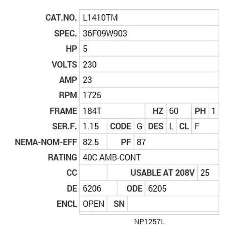 L1410TM Baldor 5 HP, 1725 RPM, 1 PH, 60 HZ, 184T, 3640LC, OPEN, F1 Motor Nameplate - view 2