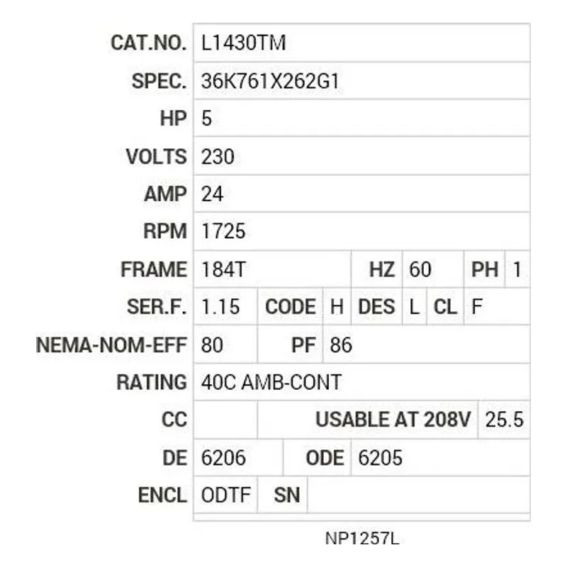 L1430TM Baldor 5 HP, 1725 RPM, 1 PH, 60 HZ, 184T,  3634LC, ODTF Motor Nameplate - view 2