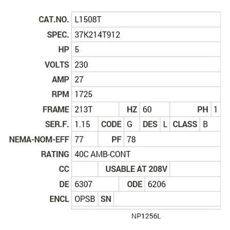 L1508T Baldor 5 HP, 1745 RPM, 1 PH, 60 HZ, 213T, 3727L, OPSB, F1 Motor Nameplate - view 2