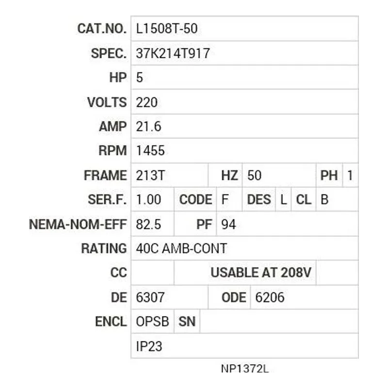 L1508T-50 Baldor 5 HP, 1455 RPM, 1 PH, 50 HZ, 213T, 3730LC, OPSB, F1 Motor Nameplate - view 2