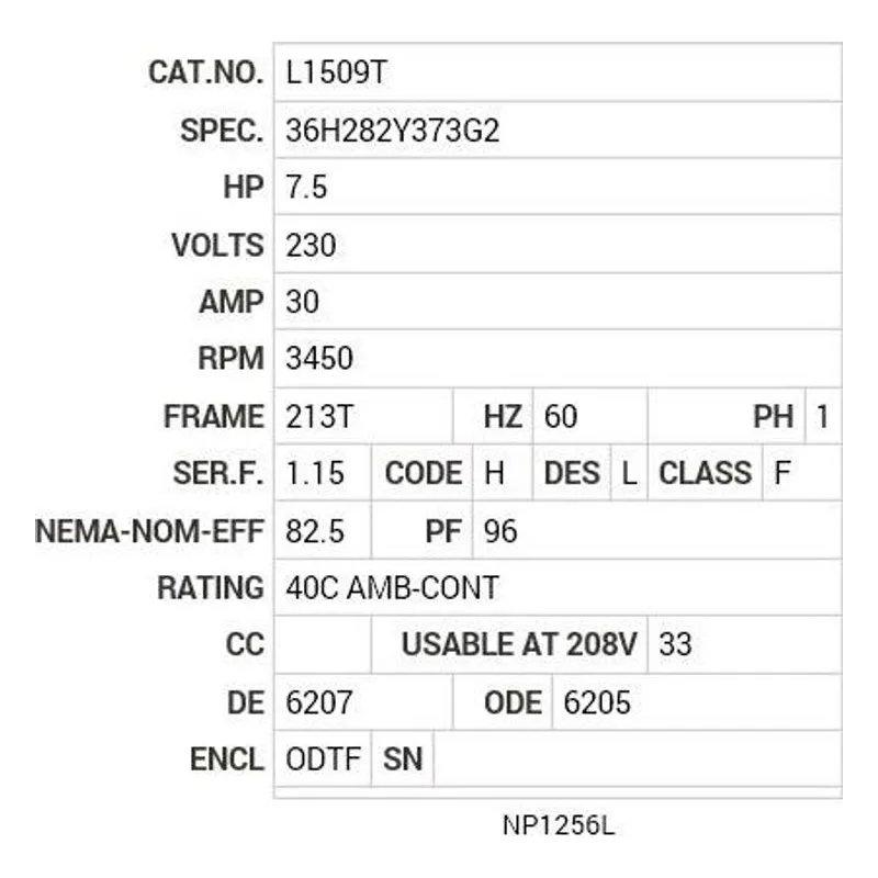 L1509T Baldor 7.5 HP, 3450 RPM, 1 PH, 60 HZ, 213T, 3640LC, OPEN Motor Nameplate - view 2