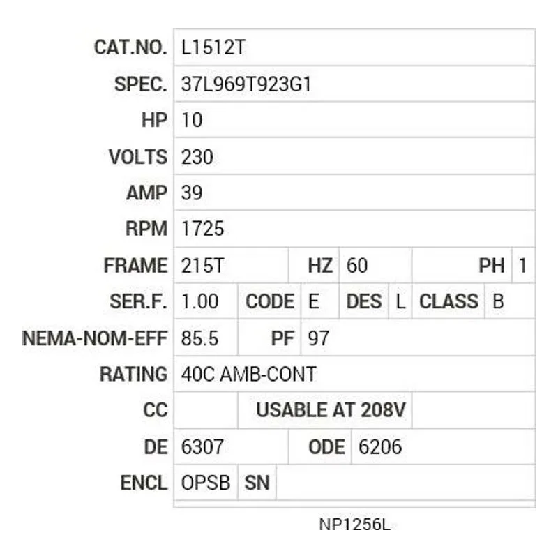 L1512T Baldor 10 HP, 1725 RPM, 1 PH, 60 HZ, 215T, 3737LC, OPSB, F Motor Nameplate - view 2