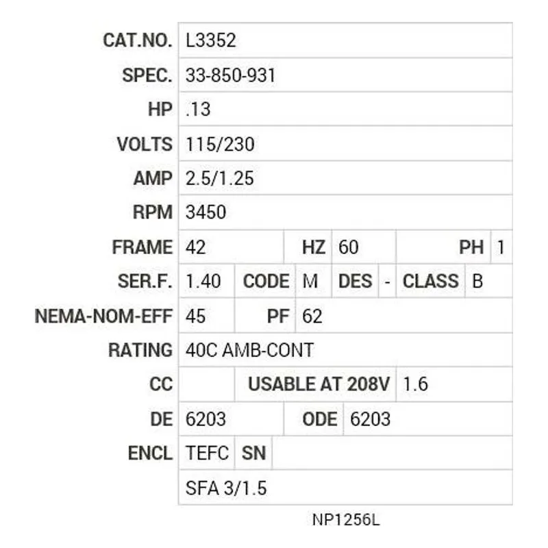 L3352 Baldor .13 HP, 3450 RPM, 1 PH, 60 HZ, 42, 3310L, TEFC, F1 Motor Nameplate - view 2