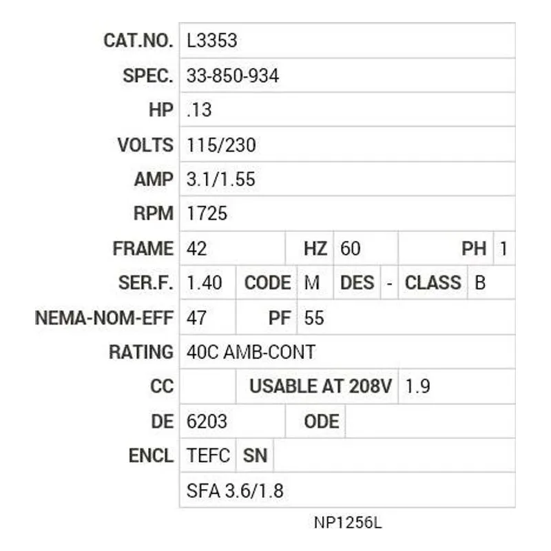 L3353 Baldor .13 HP, 1725 RPM, 1 PH, 60 HZ, 42, 3313L, TEFC, F1 Motor Nameplate - view 2