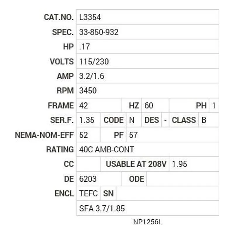 L3354 Baldor .17 HP, 3450 RPM, 1 PH, 60 HZ, 42, 3313L, TEFC, F1 Motor Nameplate - view 2