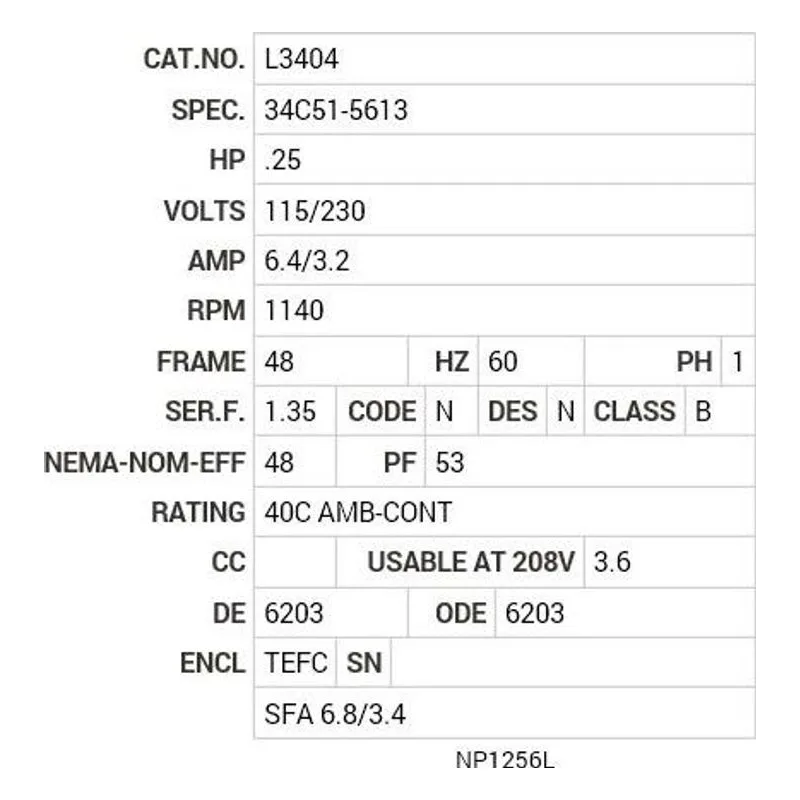 L3404 Baldor .25 HP, 1140 RPM, 1 PH, 60 HZ, 48, 3421L, TEFC, F1 Motor Nameplate - view 2