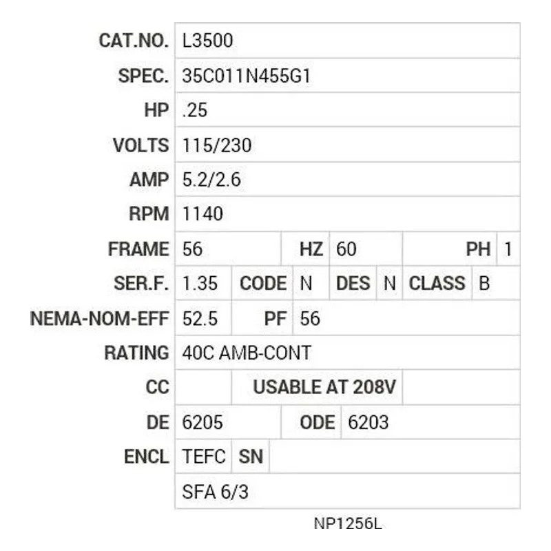 L3500 Baldor .25 HP, 1140 RPM, 1 PH, 60 HZ, 56, 3516L, TEFC, F1 Motor Nameplate - view 2