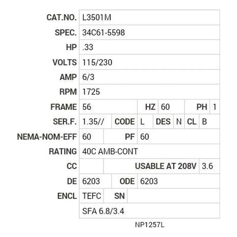L3501M Baldor .33 HP, 1725 RPM, 1 PH, 60 HZ, 56, 3414L, TEFC, F1 Motor Nameplate - view 2