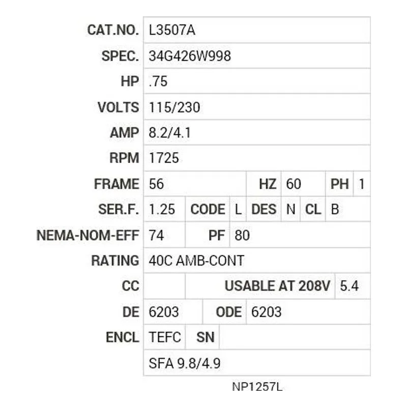 L3507A Baldor .75 HP, 1725 RPM, 1 PH, 60 HZ, 56, 3428LC, TEFC, F1 Motor Nameplate - view 2