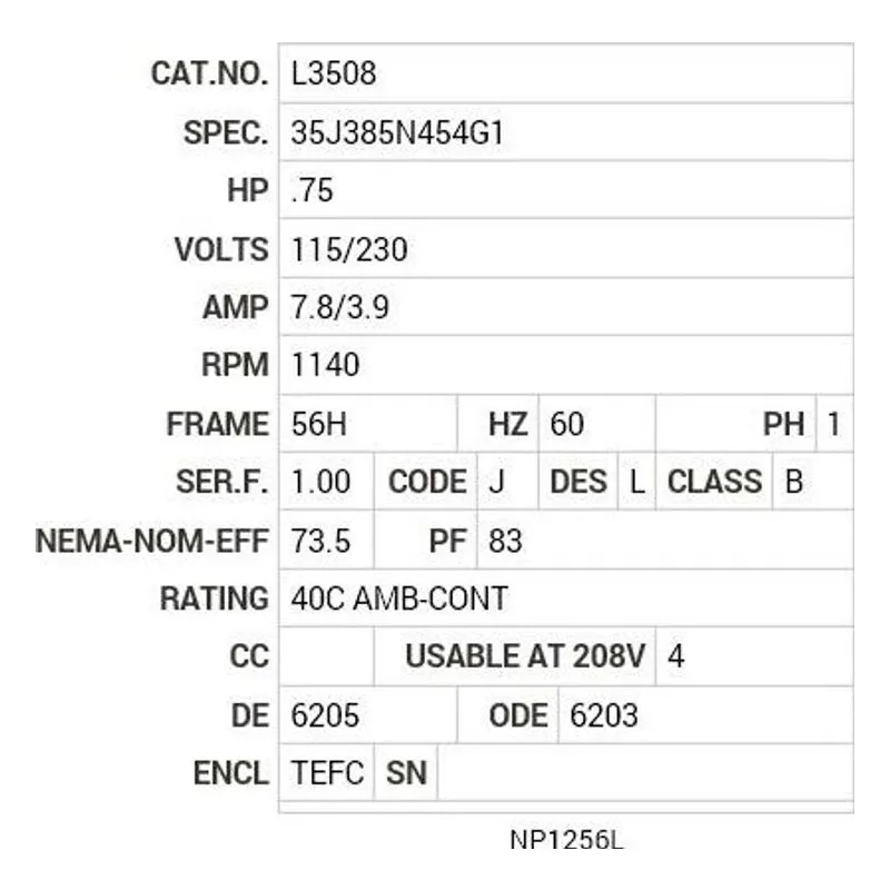L3508 Baldor .75 HP, 1140 RPM, 1 PH, 60 HZ, 56H, 3528LC, TEFC, F Motor Nameplate - view 2